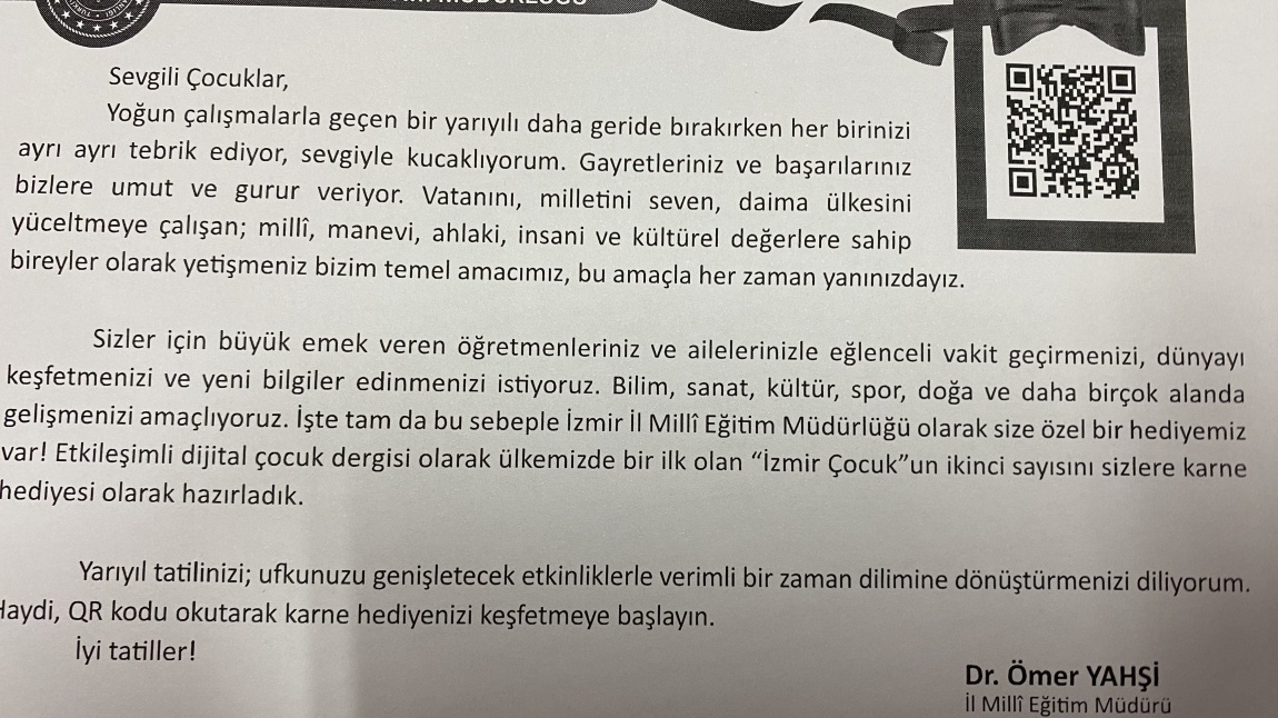 İzmir milli eğitim müdürü Ömer Yahşi Nin mektubu